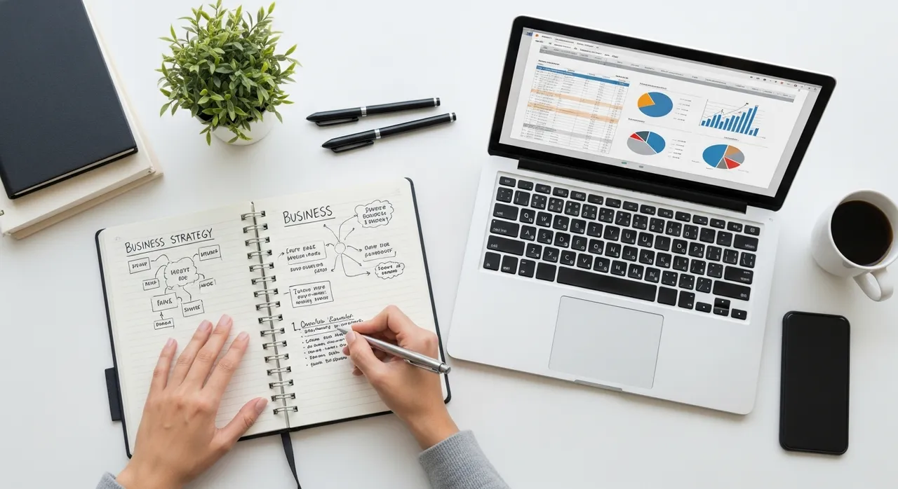 Close up of hands writing in a stylish notebook next to a laptop