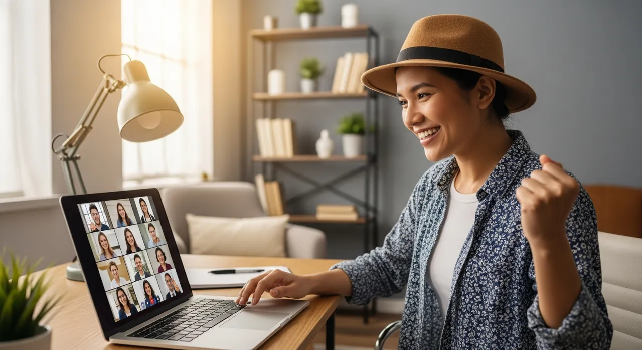 A person on a video call on their laptop closing a deal