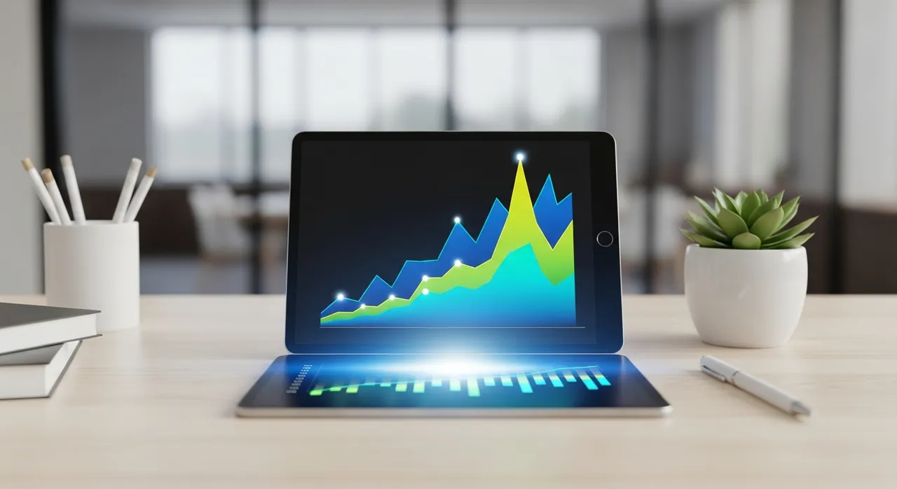 Glowing tablet showing upward trending charts on a clean desk